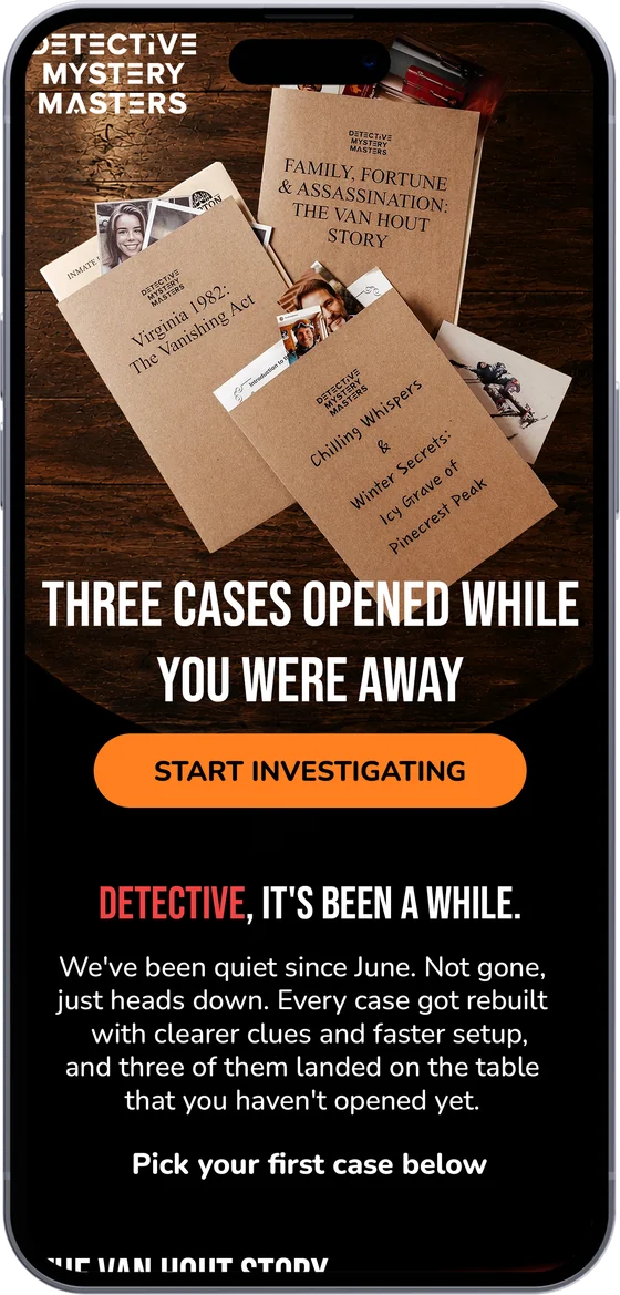 Detective Mystery Masters email on a phone